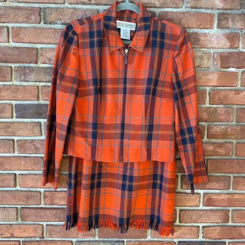 Jessica Howard Plaid Zipper Blazer and Skirt Suit Set Rust Navy 8